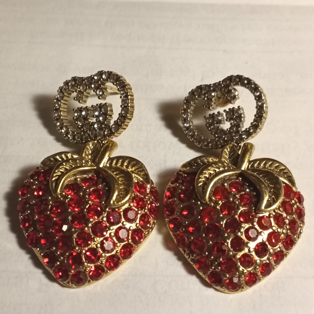 Gold and Red Strawberry Earrings - Picture 3 of 7